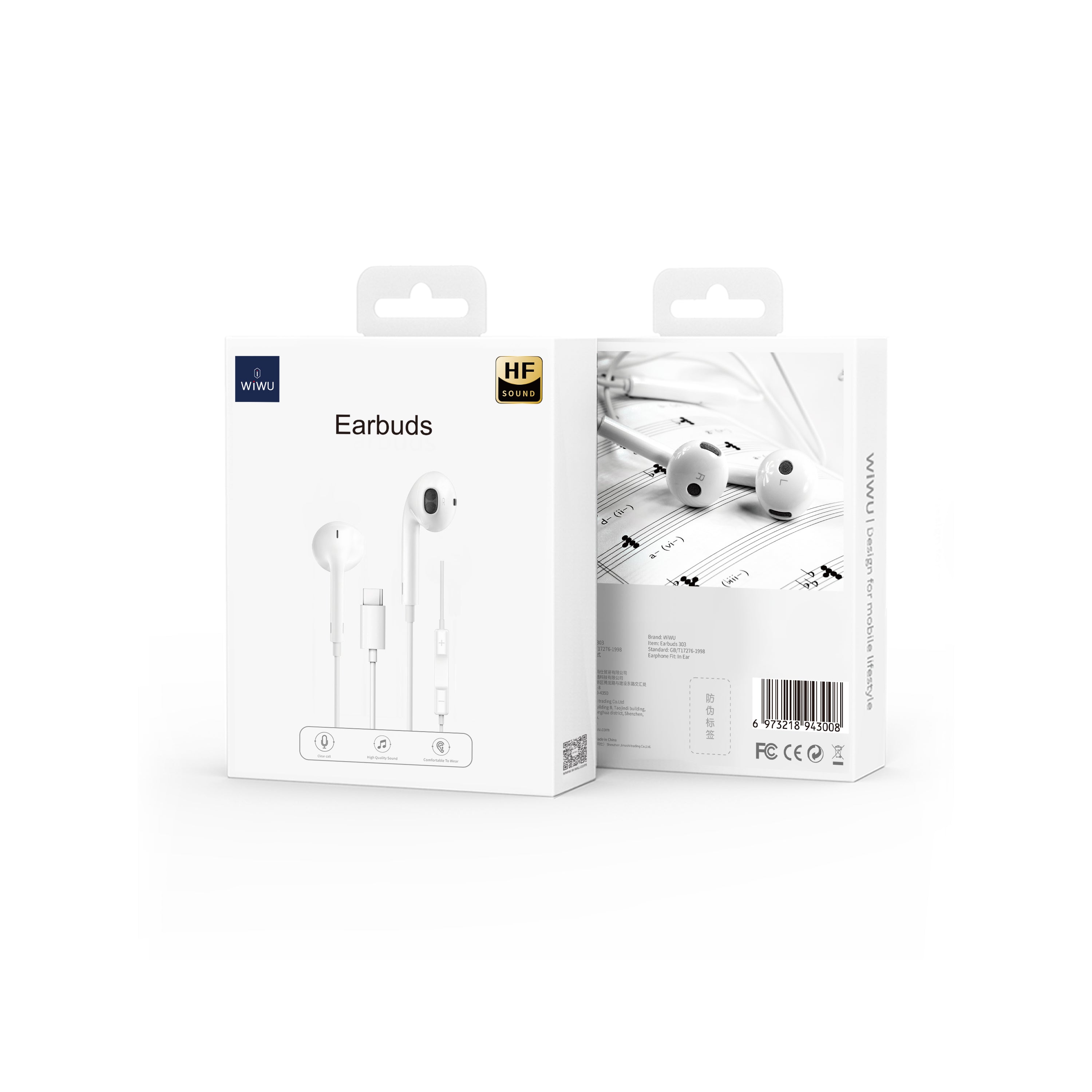 WiWU Wired earphone EB303 Widely compatible Type C Earphone Egonomic Earbuds for PC tablet Mobile