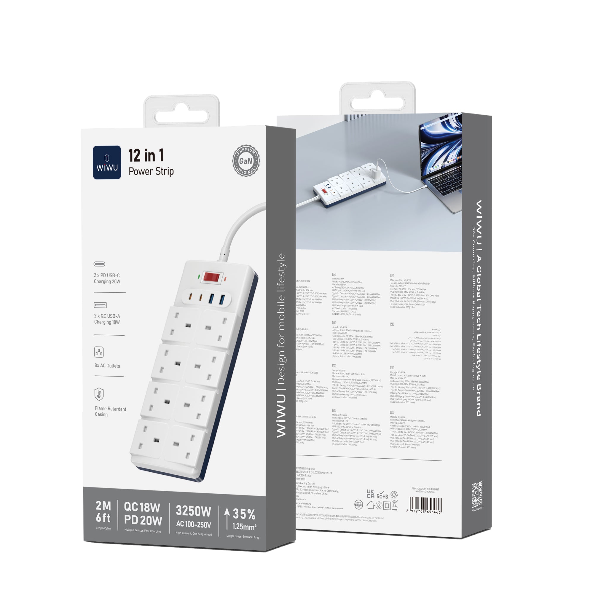 WiWU Wi-S009 PS842 20W GaN 12 in 1 Desktop Power Strip with USB C and AC Outlets