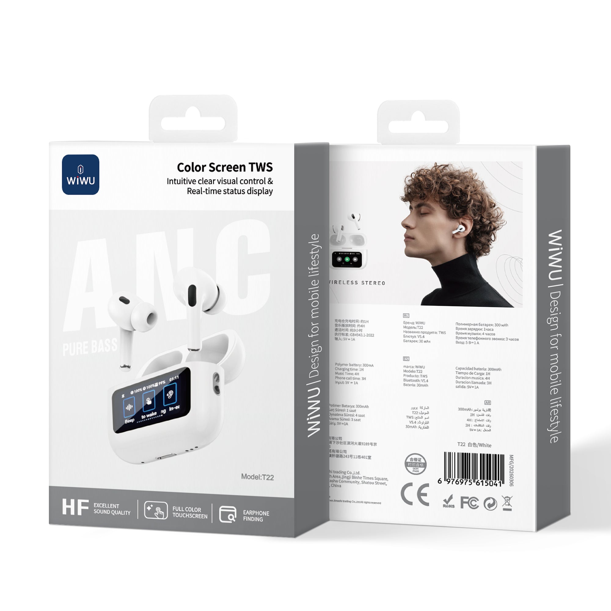 WiWU T22 Wireless Earbuds with Display Bluetooth 6.0 -23dB Noise Reduction 4H Music Ear Detection