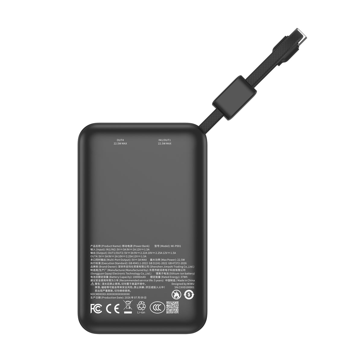 WiWU Wi-P001 10000mAh 22.5W Fast Charging Power Bank with LED Display