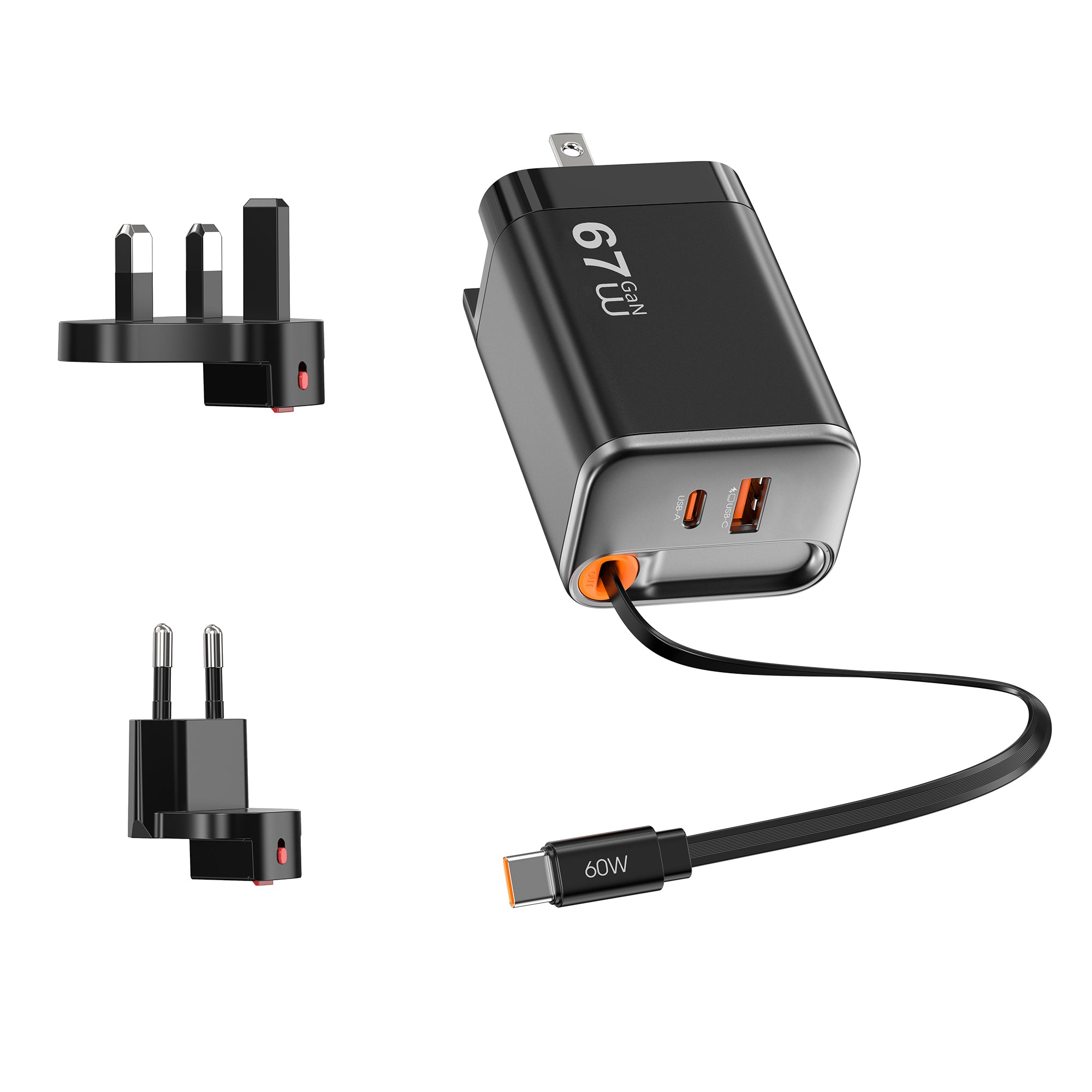 WiWU Helix Pro 67W GaN Technology PD/QC 2USB C+1 USB A Port Fast Charger (with EU and UK plug adapters) Wi-G027 CN