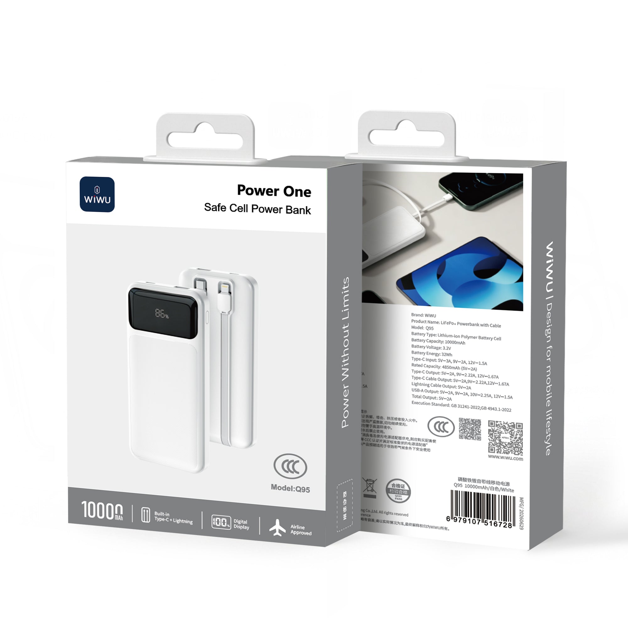 WiWU Q95 10000mAh Power Bank with Built-in Dual Cables