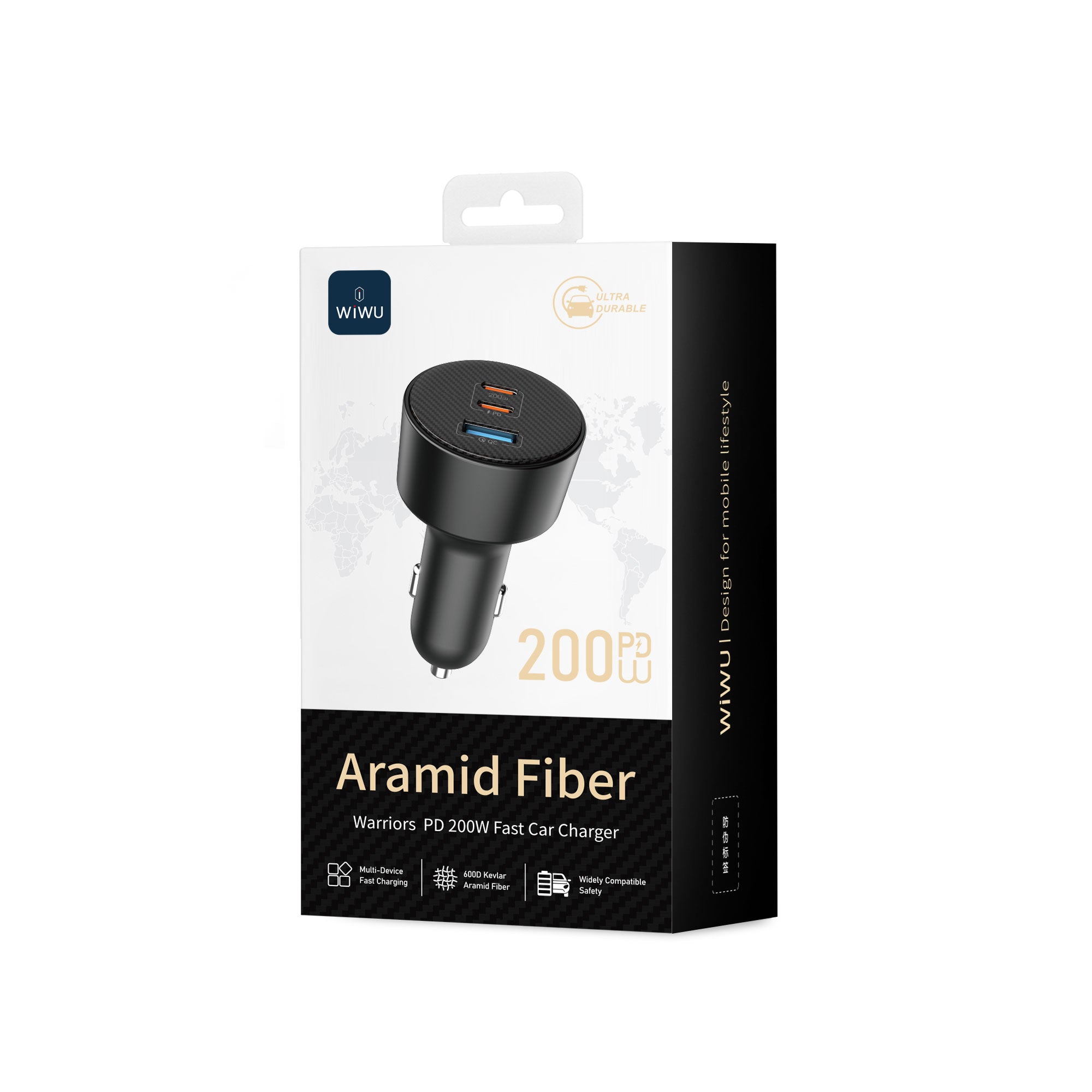 WiWU Wi-CC026 200W Triple‑Port Car Charger USB‑C PD PPS Metal Body Smart Safety Power Adapter