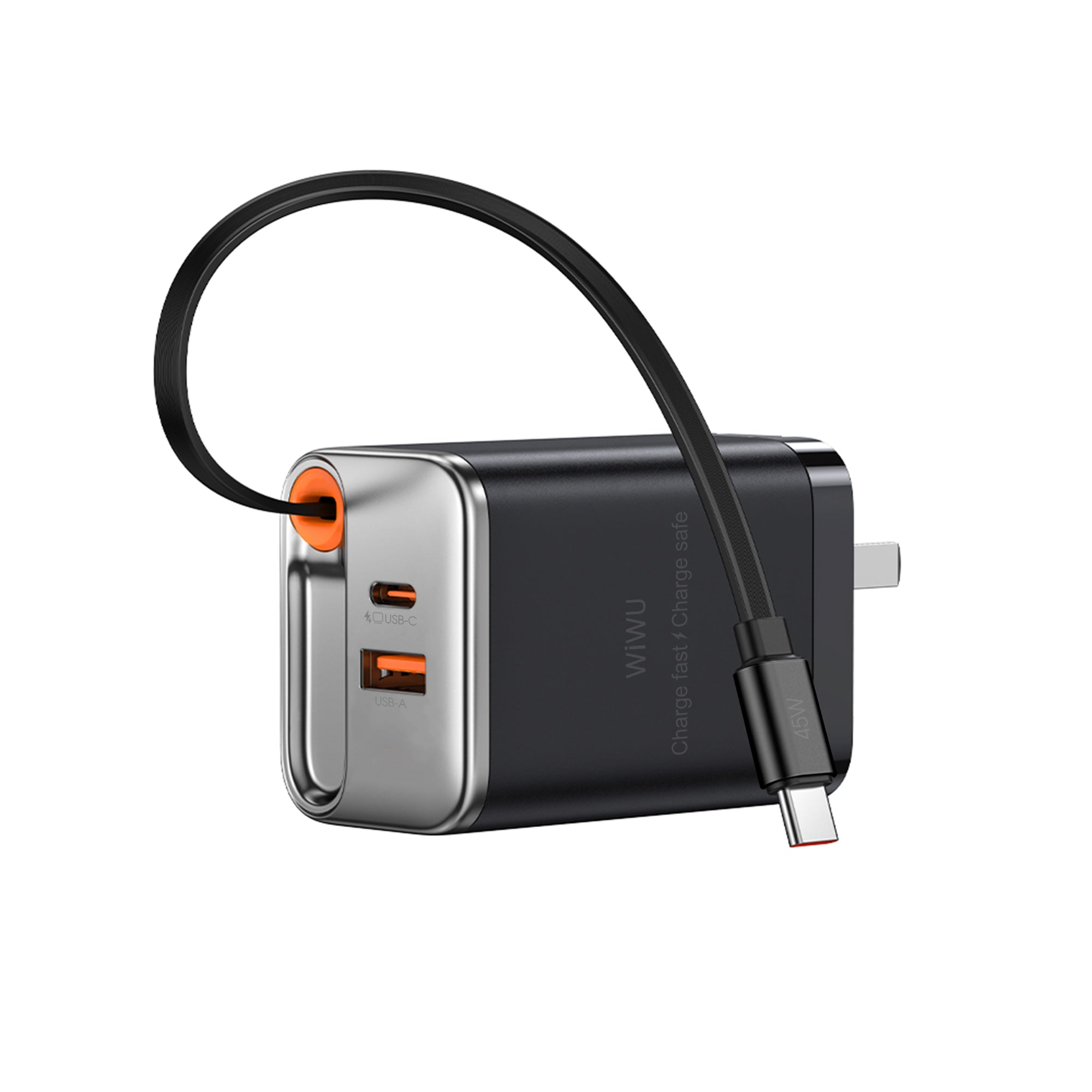 WiWU Wi-G021 45W GaN Charger with Retractable USB-C Cable & 3-Port PD Output