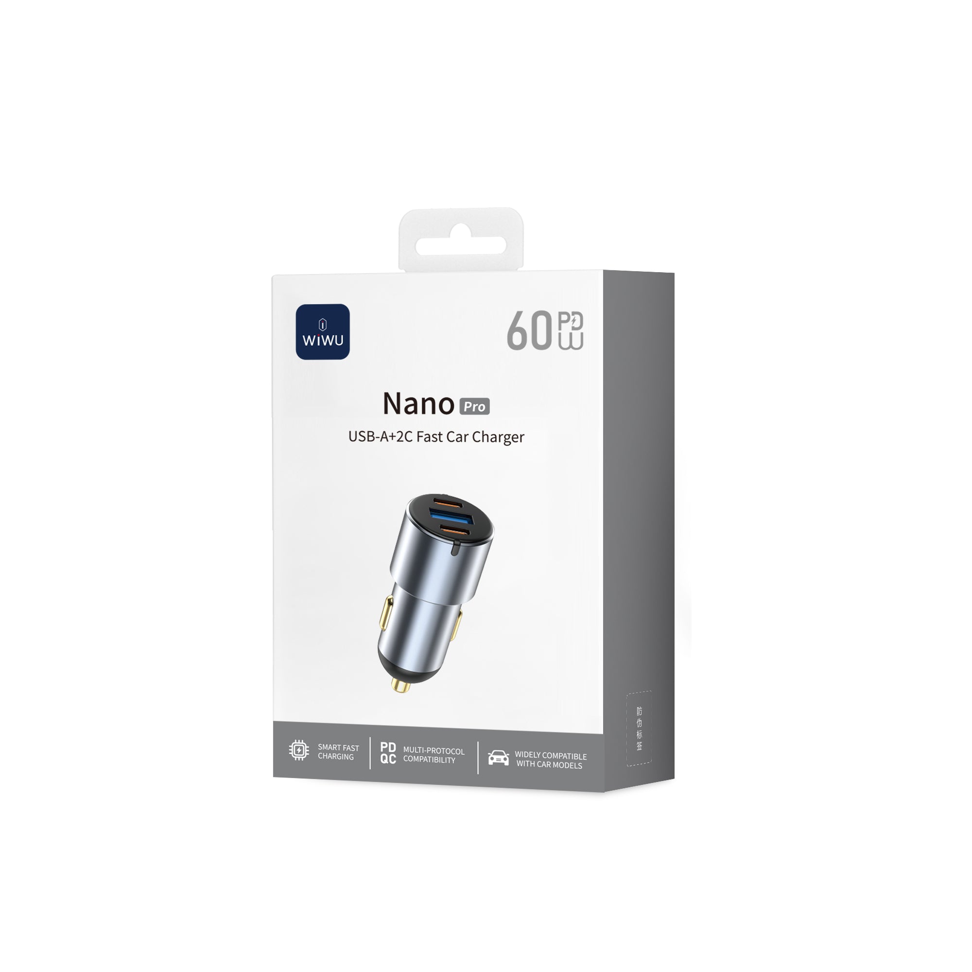 WiWU Wi‑CC032 Nano Pro 60W Dual USB‑C plus USB‑A Car Charger PD Fast Charging Aluminum Alloy