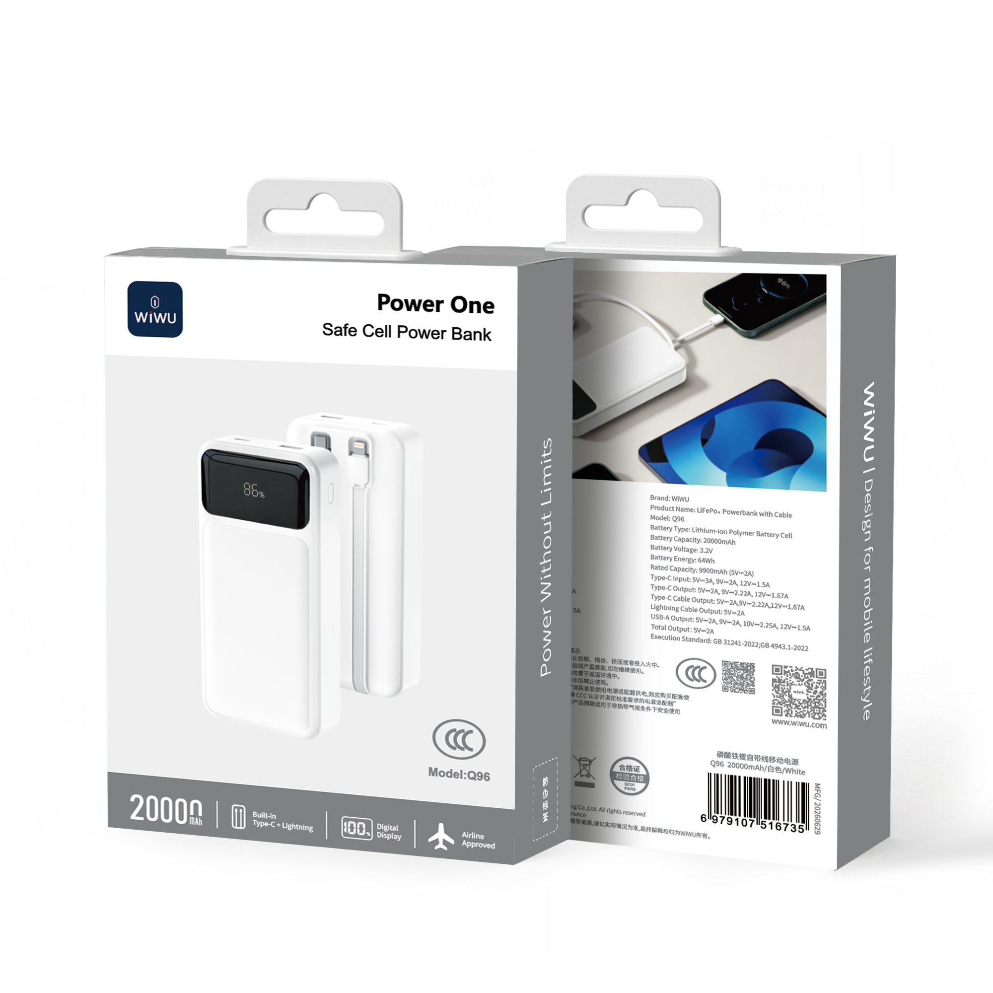 WiWU Q96 20000mAh Power Bank with Built-in Dual Cables