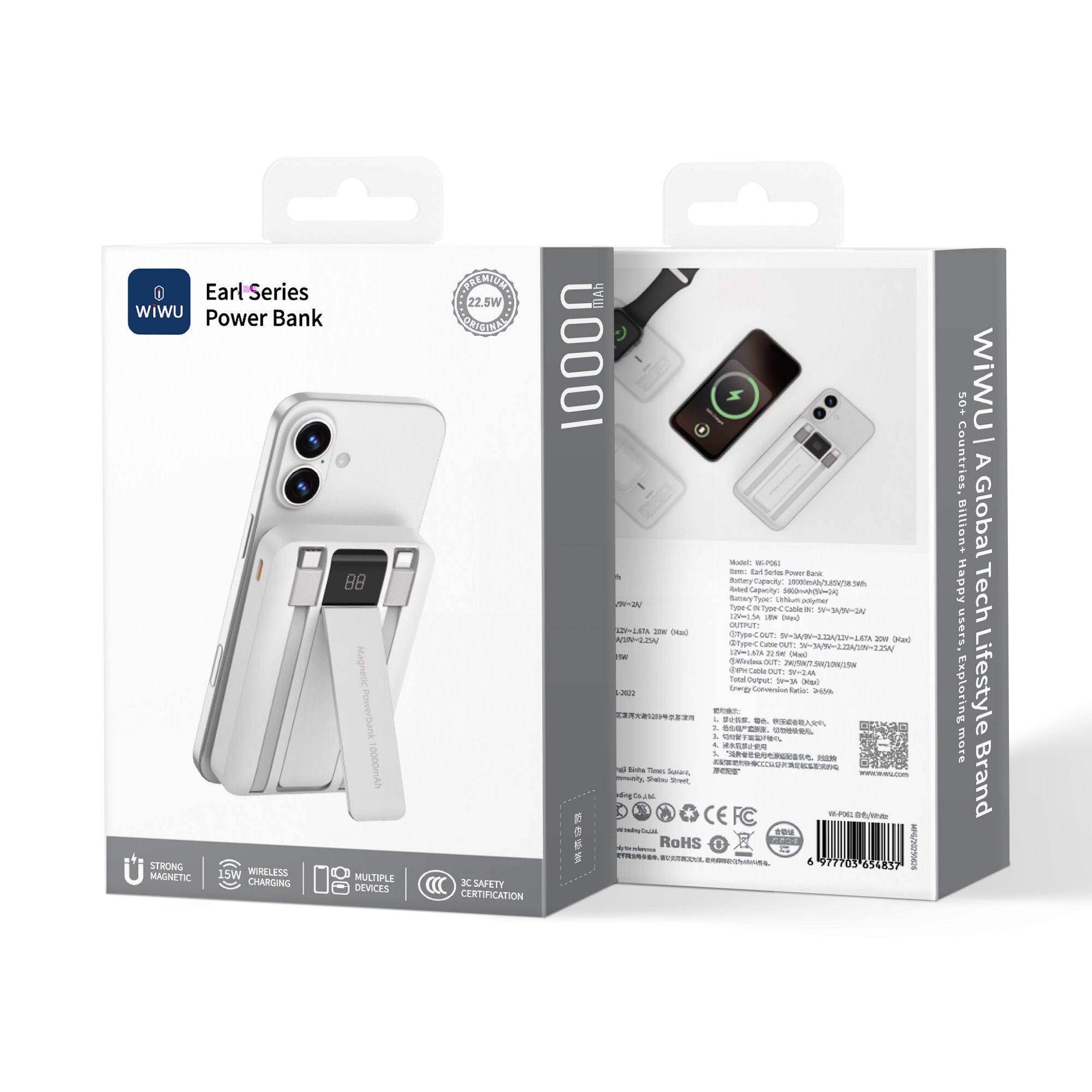WiWU Wi-P061 10000mAh Power Bank Built in C L Cables PD 20W 225W Fast Charging 15W Wireless Phone Stand LED Display for iPhone Android Watch Earbuds