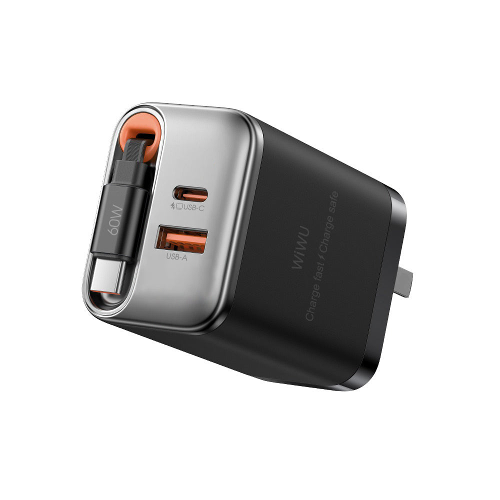 WiWU Wi-G020 67W GaN Charger with Retractable Type-C & Dual USB-C/A Ports