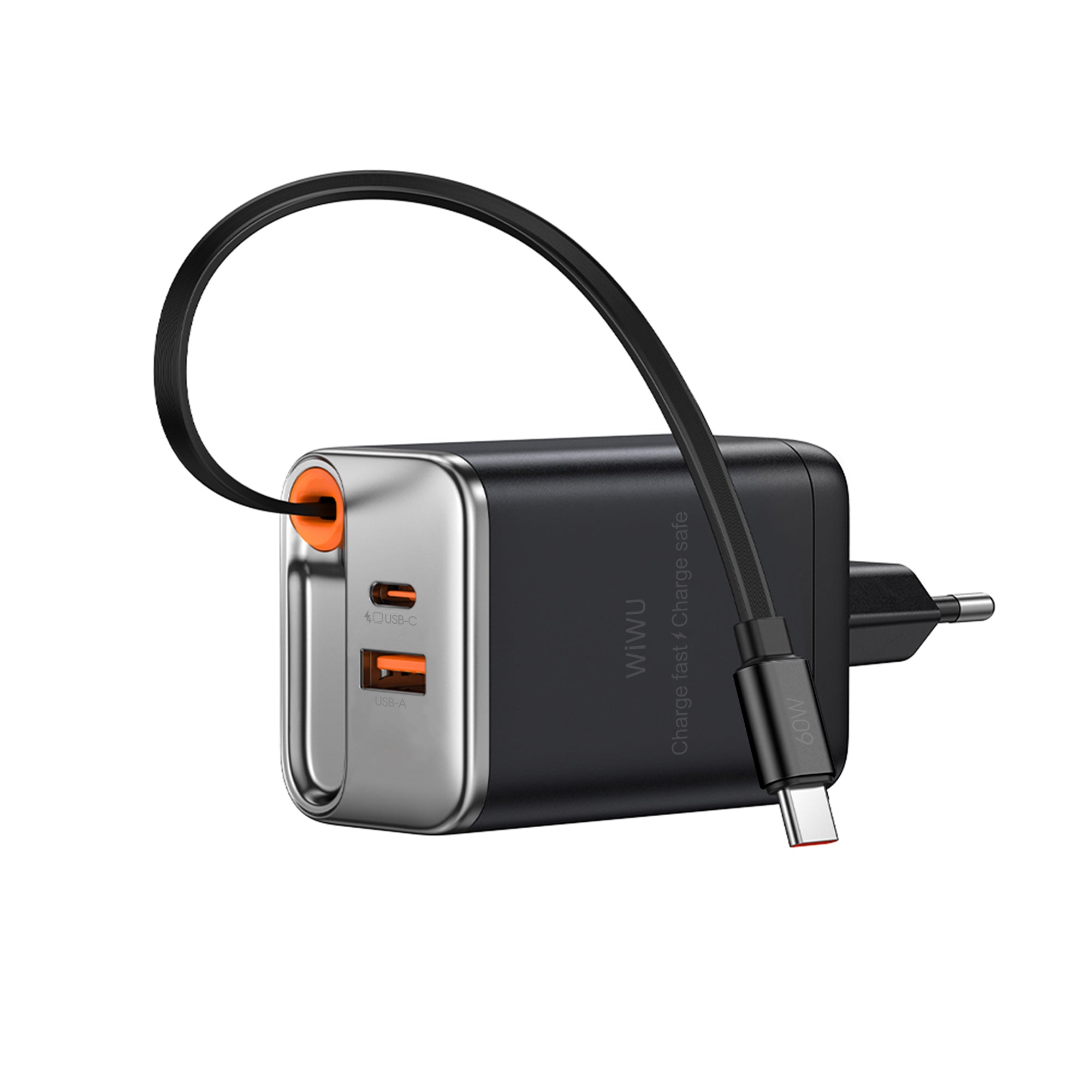 WiWU Wi-G020 67W GaN Charger with Retractable Type-C & Dual USB-C/A Ports
