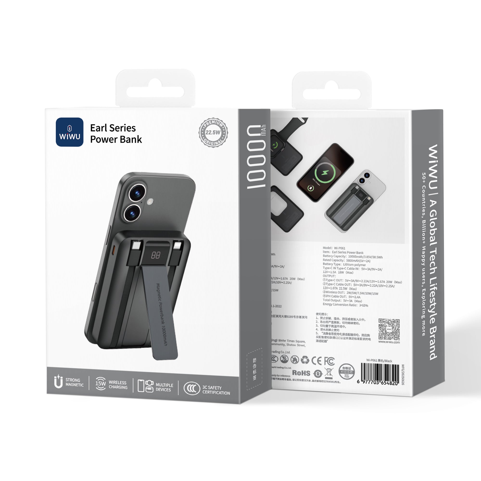 WiWU Wi-P061 10000mAh Power Bank Built in C L Cables PD 20W 225W Fast Charging 15W Wireless Phone Stand LED Display for iPhone Android Watch Earbuds