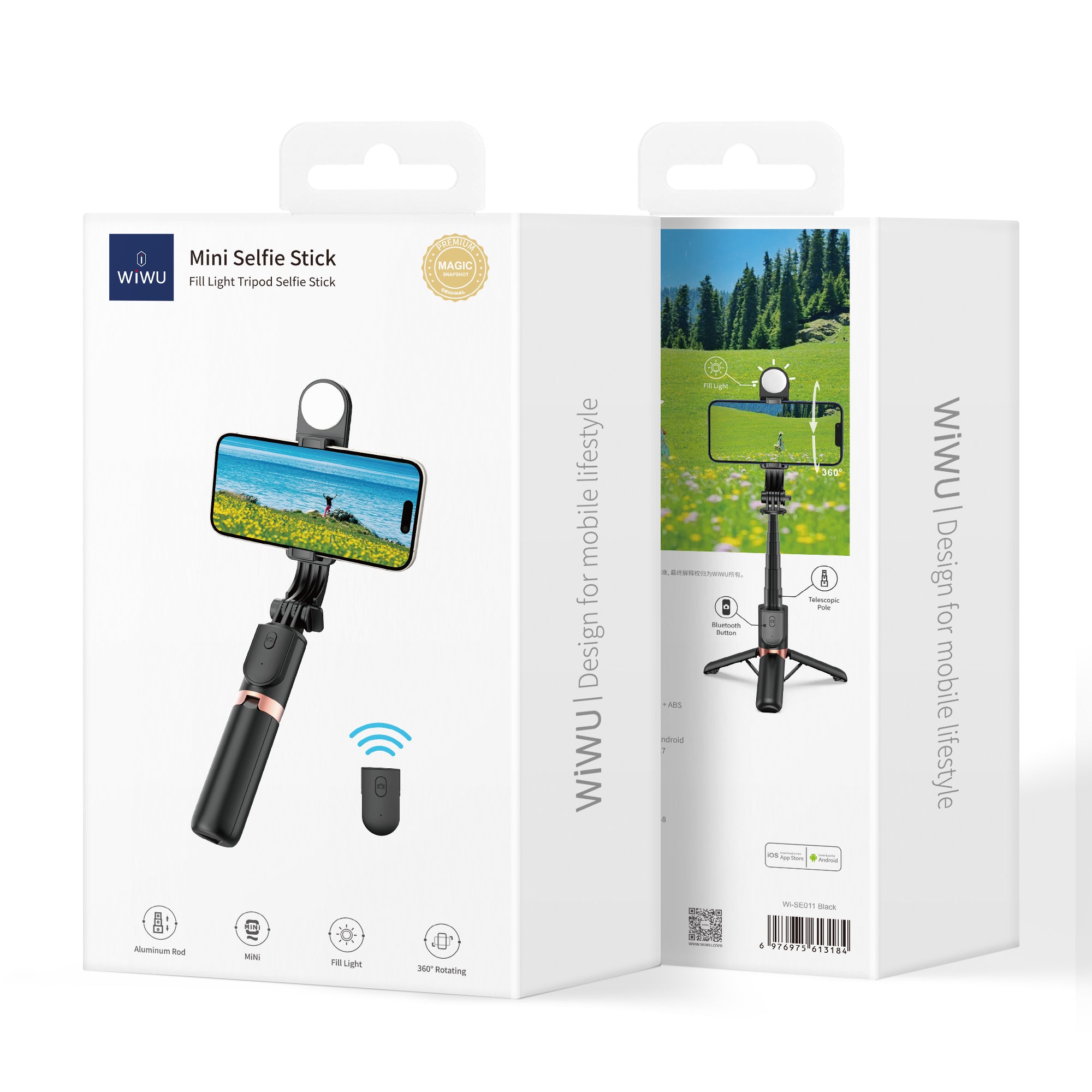 WiWU mini portable selfie stick with remote control wireless bleutooth Selfie stick for photo Wi-SE011 with beauty Light