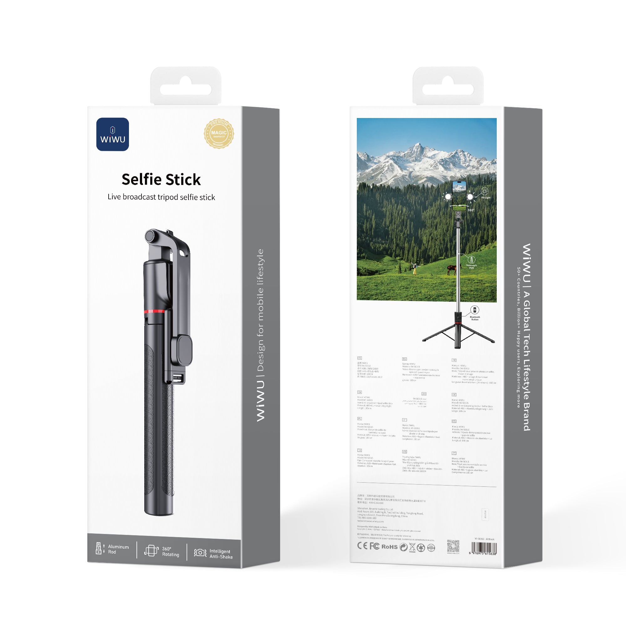 WiWU Wi-SE015 Bluetooth Selfie Stick Tripod with LED Ring Light & 360° Rotation