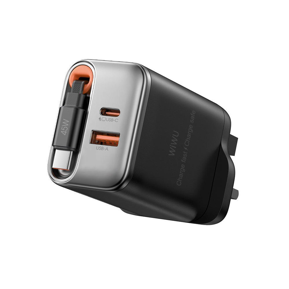 WiWU Wi-G021 45W GaN Charger with Retractable USB-C Cable & 3-Port PD Output