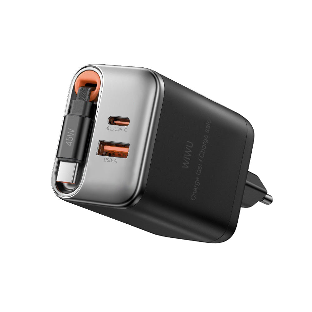 WiWU Wi-G021 45W GaN Charger with Retractable USB-C Cable & 3-Port PD Output