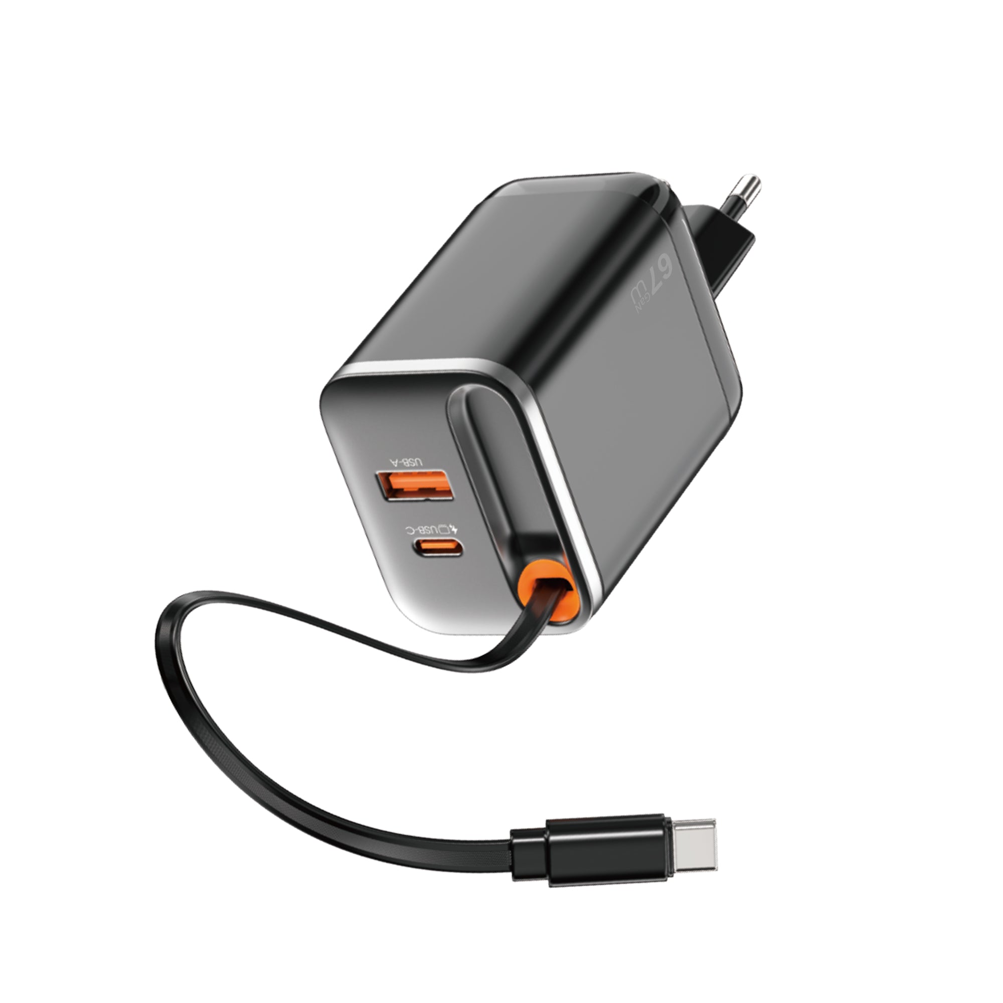 WiWU Wi-G020 67W GaN Charger with Retractable Type-C & Dual USB-C/A Ports