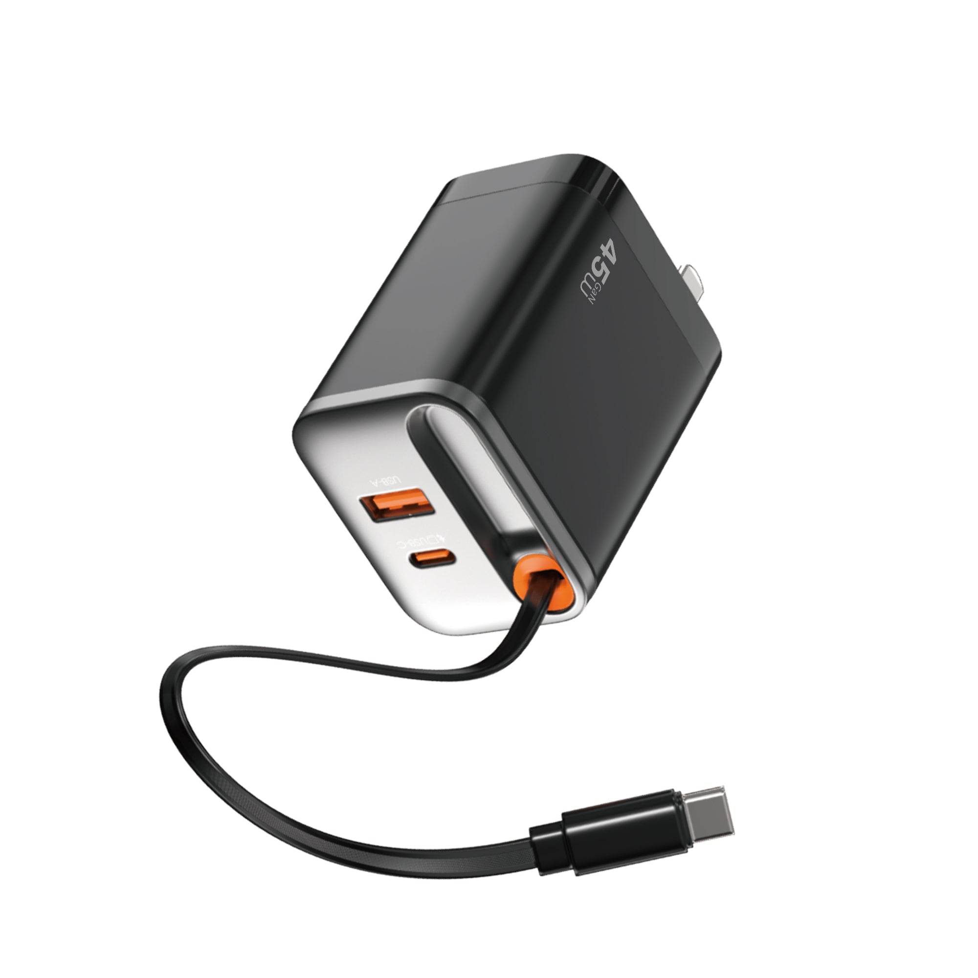WiWU Wi-G021 45W GaN Charger with Retractable USB-C Cable & 3-Port PD Output