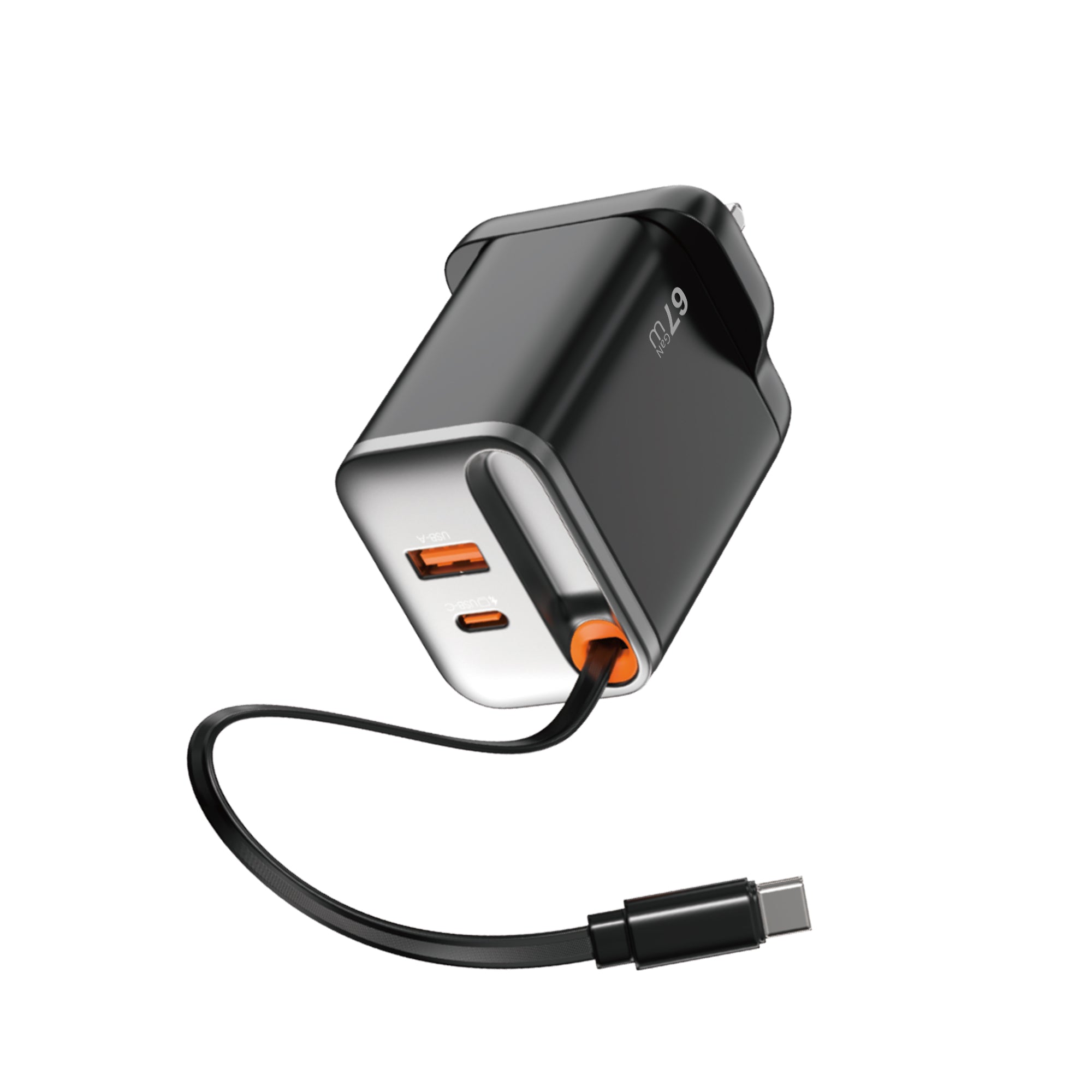 WiWU Wi-G020 67W GaN Charger with Retractable Type-C & Dual USB-C/A Ports