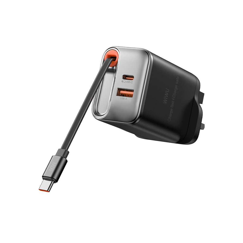 WiWU Wi-G020 67W GaN Charger with Retractable Type-C & Dual USB-C/A Ports