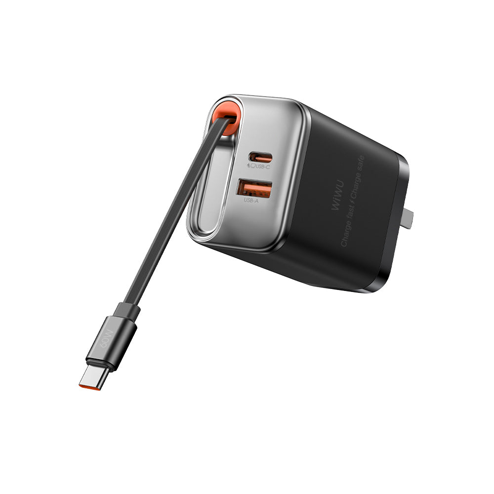 WiWU Wi-G020 67W GaN Charger with Retractable Type-C & Dual USB-C/A Ports