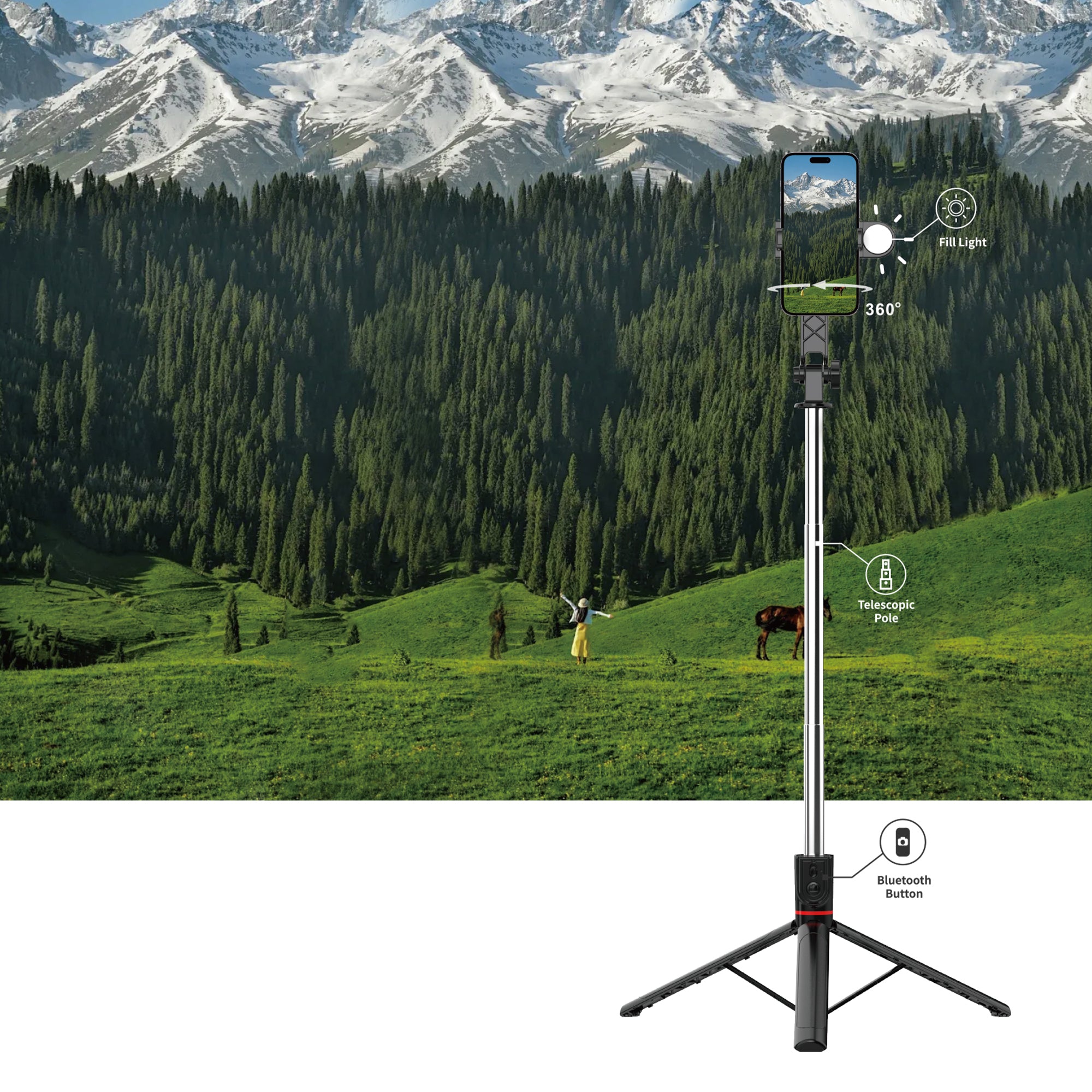 WiWU Wi-SE015 Bluetooth Selfie Stick Tripod with LED Ring Light & 360° Rotation