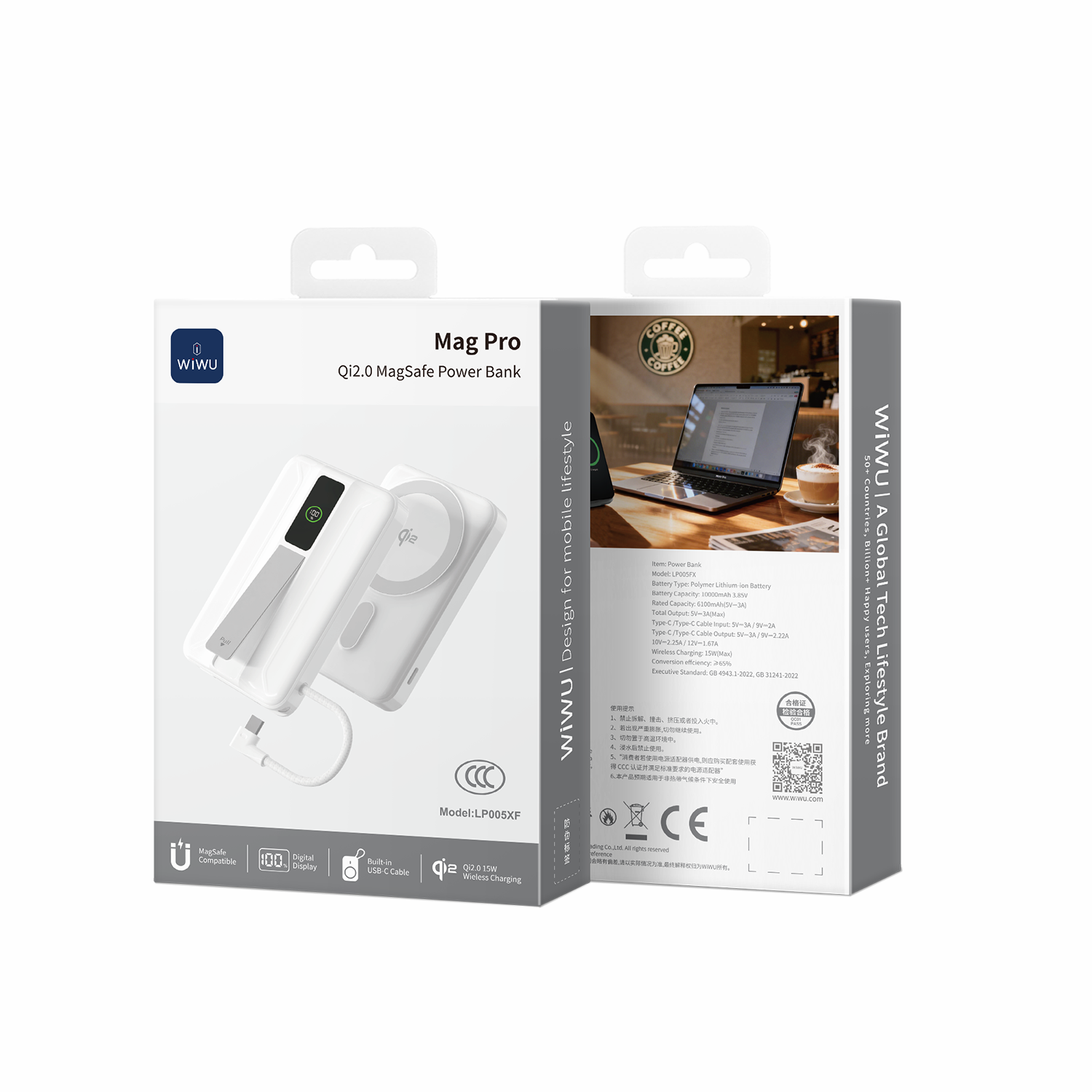 WiWU LP005FX 10000mAh Magnetic Wireless Power Bank with Built-in Cable and PD Fast Charging