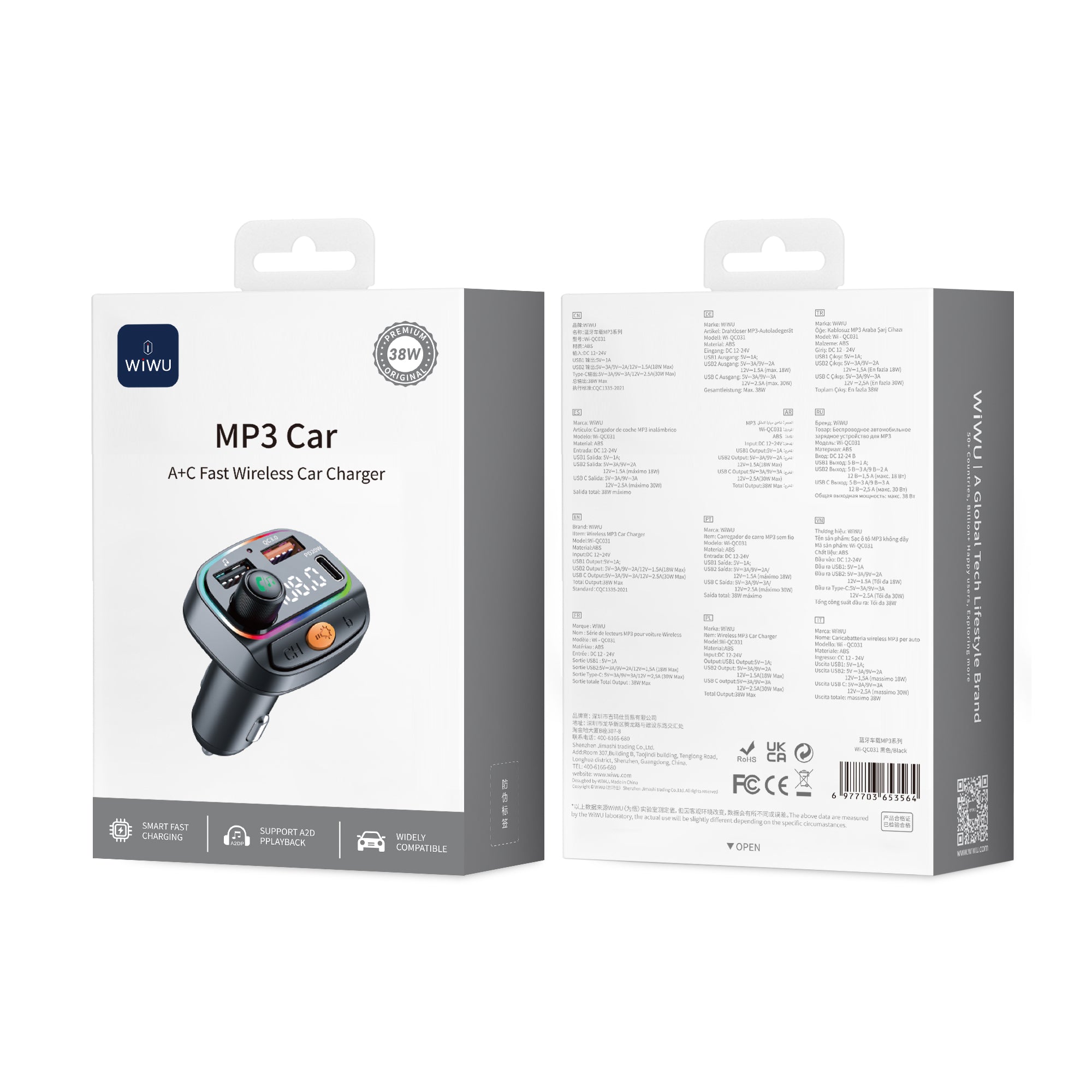 WiWU Wi-QC031 Bluetooth 5.3 Car FM Transmitter with RGB Lights & 38W Fast Charging