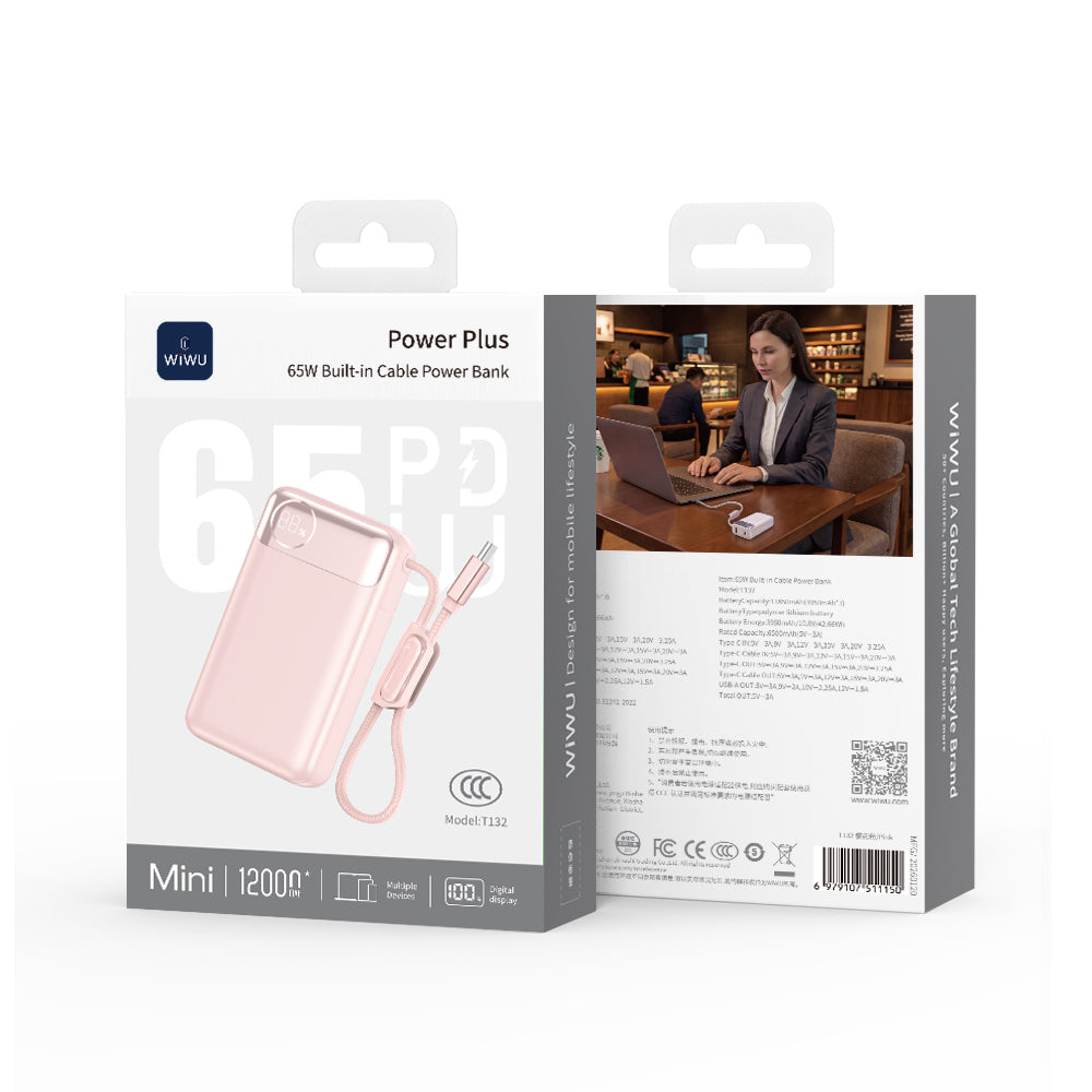 WiWU Power Plus 65W Built-in Cable Power Bank T132
